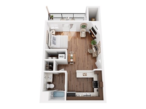 A top down view of a small apartment with a kitchen, living room, and bathroom.